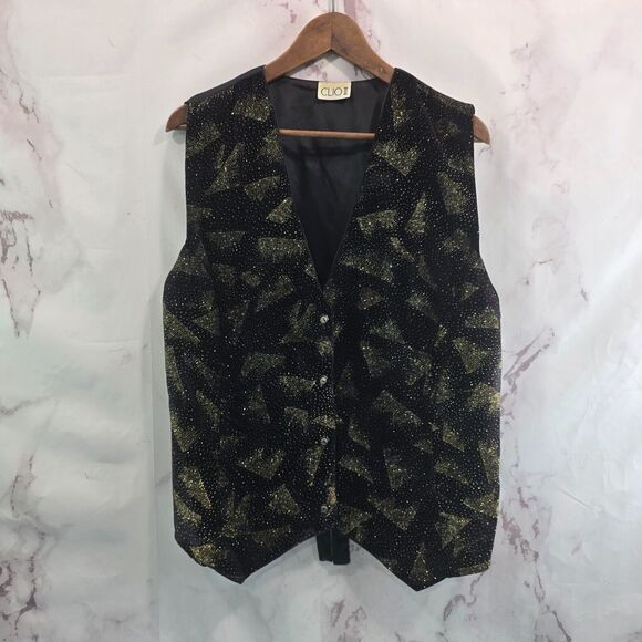 Vintage Vest Mens Medium Black 80s Glam Gold Velvet Formal Satin Party Rock - Picture 1 of 10